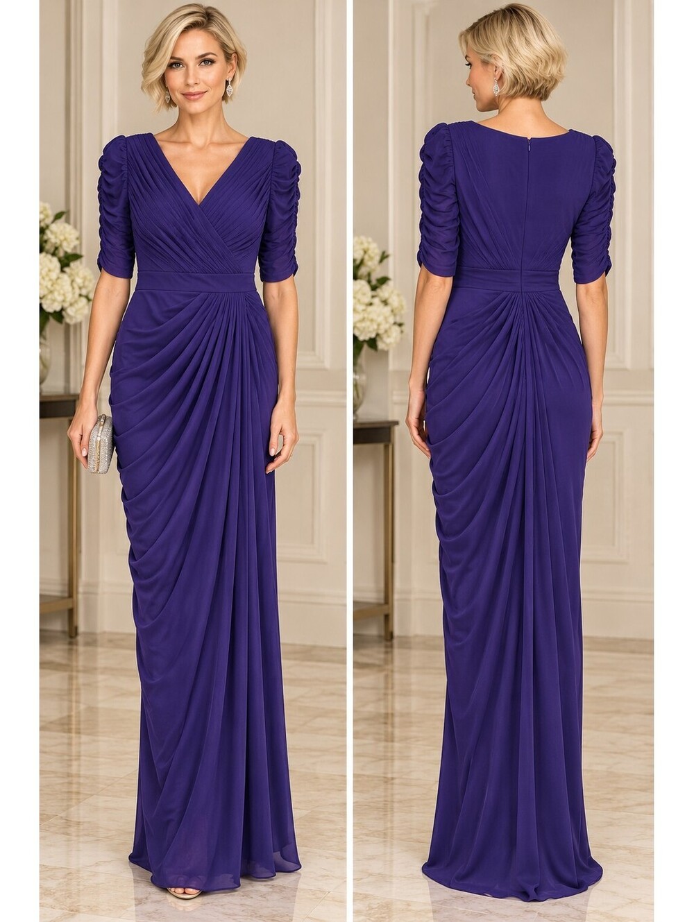 Adrianna Papell Purple Ruched Draped Evening Gown 3/4 Sleeve Formal sz 6 Modest